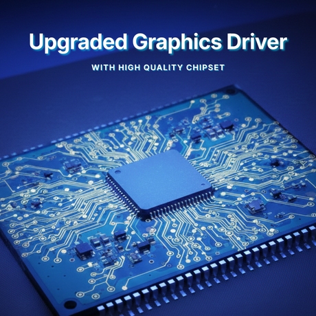 Electronic circuit board with a chip on a blue background, featuring text about upgraded graphics driver and high-quality chipset.