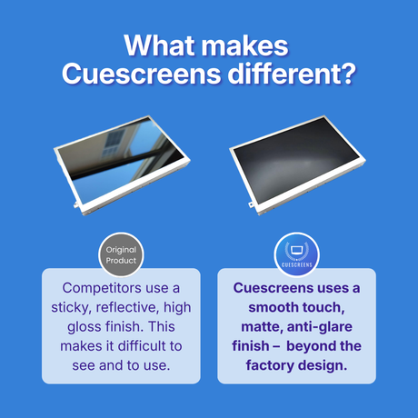 Comparison of other's product and Cuescreens product on a blue background with text explaining differences.