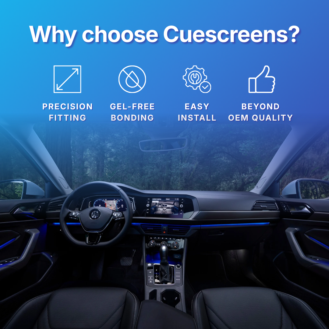 Car interior with Cuescreens branding highlighting features like precision fitting, gel-free bonding, easy install, and beyond OEM quality.