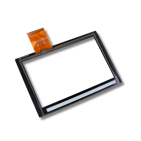 Back of touchscreen digitizer with orange flex cable on a white background