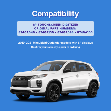 White Mitsubishi Outlander on a blue background with compatibility information.