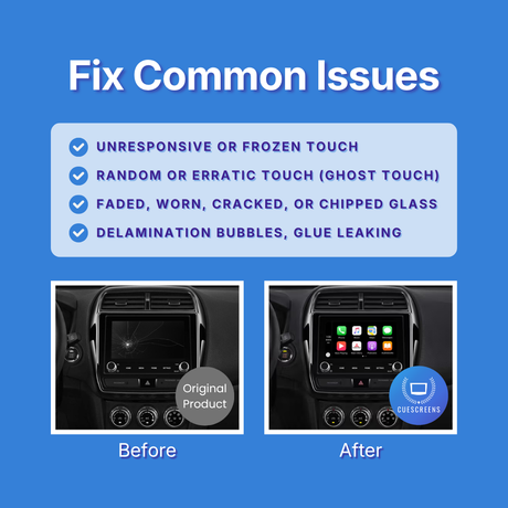 Before and after comparison of a car's infotainment screen with text about common issues on a blue background