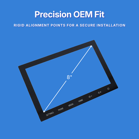 Car dashboard screen with 8-inch measurement on a blue background, featuring 'Precision OEM Fit' text