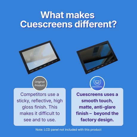 Comparison of other's product and Cuescreens product on a blue background with text explaining differences