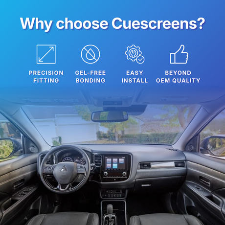 Car interior with dashboard and steering wheel, featuring text 'Why choose Cuescreens?' and icons with benefits