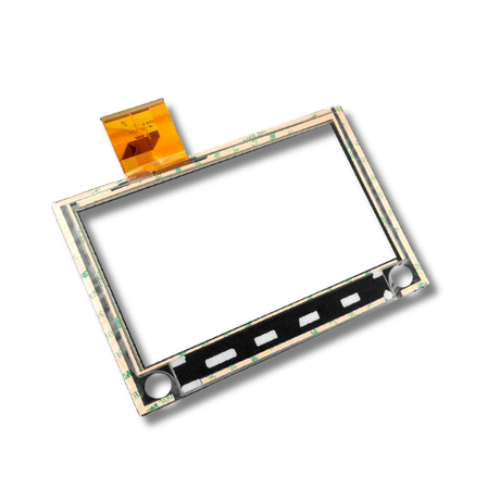 Back of touchscreen digitizer with orange flex cable on a white