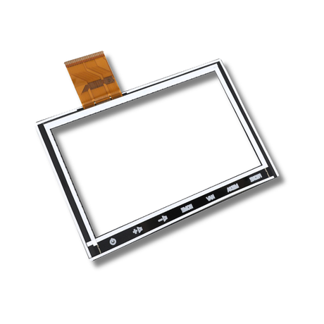 Back of touchscreen digitizer with orange flex cable on a white