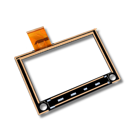 Back of touchscreen digitizer with orange flex cable on a white