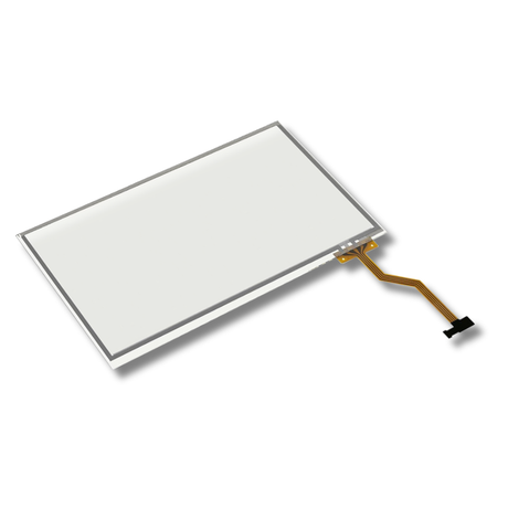 Touchscreen glass panel with connector on a white background