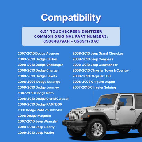 Compatibility graphic for a 6.5" touchscreen digitizer, showing a silver Jeep on a blue background with listed compatible vehicle models and part numbers