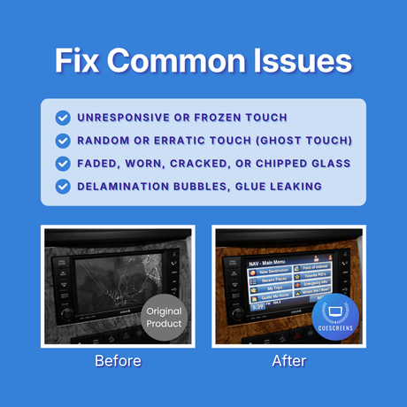 Graphic with the heading 'Fix Common Issues' on a blue background, listing touchscreen issues like unresponsive touch, ghost touch, cracked glass, and delamination bubbles. Below, two inset photos show a car stereo screen labeled 'Before' with a cracked display and 'After' with a repaired, clear screen