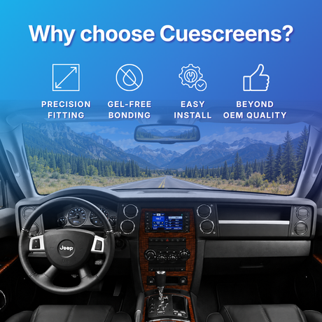 A car interior with a scenic mountain road view through the windshield, overlaid with the text 'Why choose Cuescreens?' and four feature icons: precision fitting, gel-free bonding, easy install, and beyond OEM quality