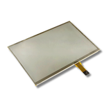 Touchscreen glass panel with connector on a white background