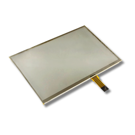 Touchscreen glass panel with connector on a white background
