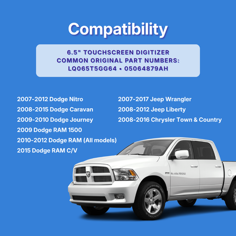 Compatibility graphic for a 6.5" touchscreen digitizer, showing a white Ram pickup truck on a blue background with listed compatible vehicle models and part numbers