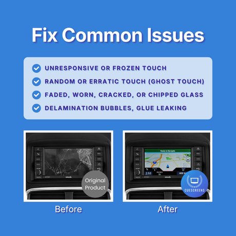 Promotional graphic on a blue background titled 'Fix Common Issues' with a checklist of touchscreen problems such as unresponsive touch, ghost touch, cracked/faded glass, and delamination bubbles. Below, two inset car dashboard screens show a before/after comparison: a cracked or damaged screen labeled 'Original Product' on the left, and a clean, working screen labeled 'After' on the right