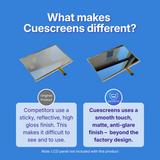 Comparison of original product and Cuescreens on a blue background with text explaining that Cuescreens uses a smooth matte, anti-glare finish while competitors use a sticky reflective high-gloss finish