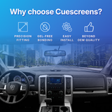Promotional graphic for Cuescreens showing a car interior dashboard and seats with a blue overlay containing four feature callouts: precision fitting, gel-free bonding, easy install, and beyond OEM quality