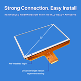 Touchscreen display with features highlighted on a blue background