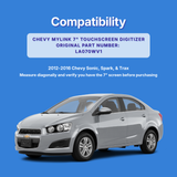 Chevy car on a blue background with compatibility information for a 7" MyLink touchscreen digitizer.