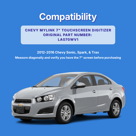 Chevy car on a blue background with compatibility information for a 7" MyLink touchscreen digitizer.