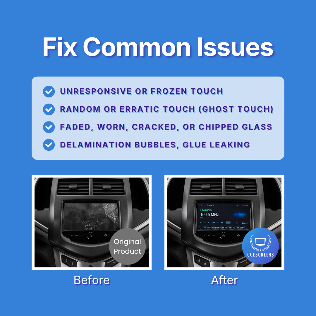 Before and after comparison of a car's infotainment screen with text about common issues on a blue background.