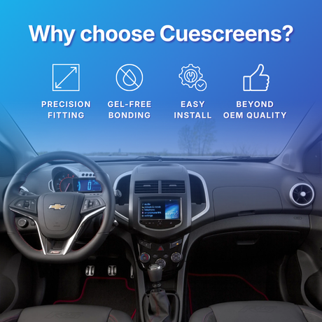 Car interior with dashboard and steering wheel, featuring text 'Why choose Cuescreens?' and icons with benefits.