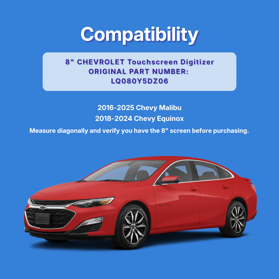 Compatibility chart for touchscreen digitizer with a red Chevy Malibu car on a blue background