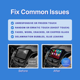 Before and after comparison of a car's infotainment screen with text about common issues on a blue background