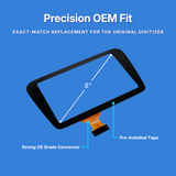 Touchscreen display with measurement details and text about precision OEM fit on a blue background
