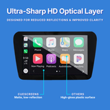 Car infotainment screen with ultra-sharp HD optical layer on a blue background