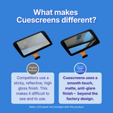 Comparison of original product and Cuescreens on a blue background with text explaining differences