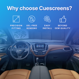 Car dashboard with a touchscreen display and text highlighting Cuescreens' features on a blue background