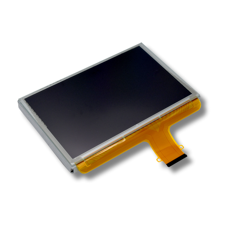 Digital infotainment screen with yellow flex cable on a white background