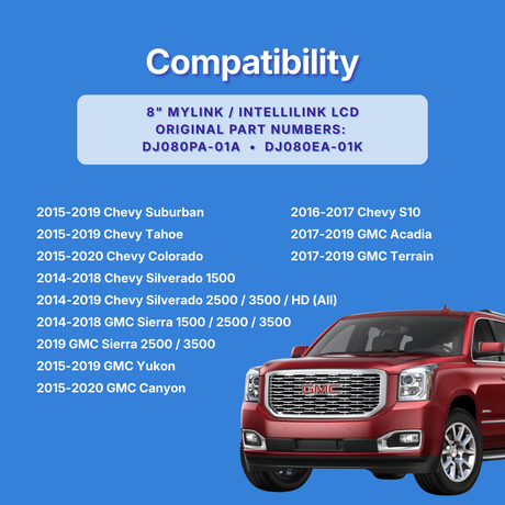 Compatibility chart for Chevy and GMC vehicles with a red SUV on a blue background