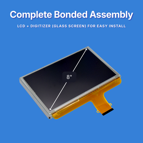 8-inch LCD digitizer assembly on a blue background with text about complete bonded assemblies.