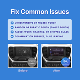 Before and after comparison of a car's infotainment screen with text about fixing common issues on a blue background.