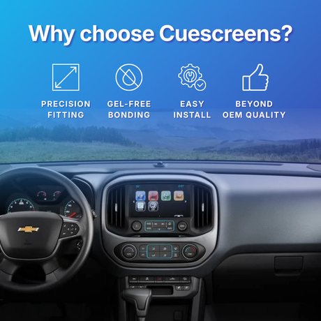 Car interior with Cuescreens branding highlighting features like precision fitting, gel-free bonding, easy install, and beyond OEM quality.