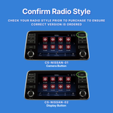 Two car radio displays - one with a camera and one with a display button on a blue background