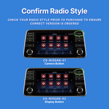 Two car radio displays - one with a camera and one with a display button on a blue background