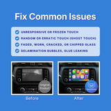 Before and after comparison of a car's infotainment screen with text about common issues on a blue background