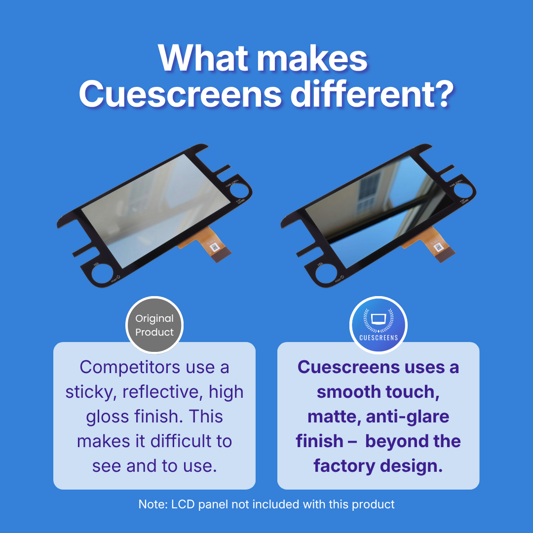 Comparison of other's product and Cuescreens product on a blue background with text explaining differences