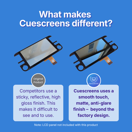 Comparison of other's product and Cuescreens product on a blue background with text explaining differences