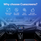 Car interior with dashboard and steering wheel, featuring text 'Why choose Cuescreens?' and icons with benefits