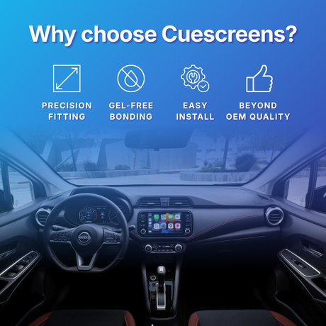 Car interior with dashboard and steering wheel, featuring text 'Why choose Cuescreens?' and icons with benefits