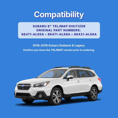 White Subaru Outback on a blue background with compatibility information.