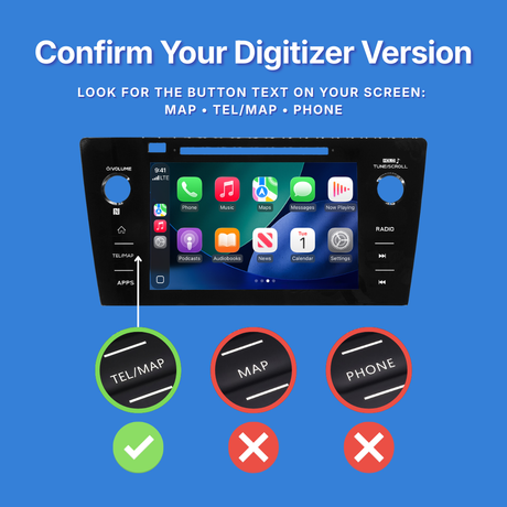 Digital display with app icons on a blue background, indicating how to confirm digitizer version.