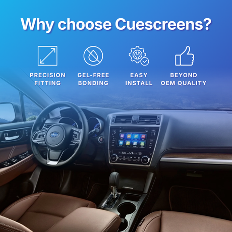 Car interior with dashboard and steering wheel, featuring text 'Why choose Cuescreens?' and icons with benefits.