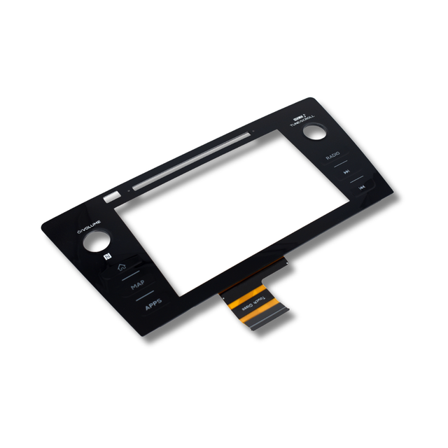 Black electronic touchscreen with buttons and a ribbon cable on a white background.