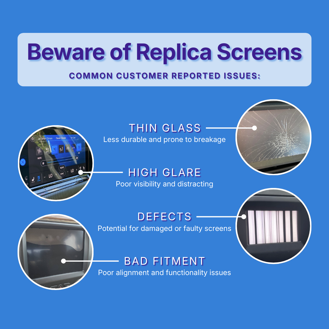 Warning about replica screens with issues listed on a blue background.